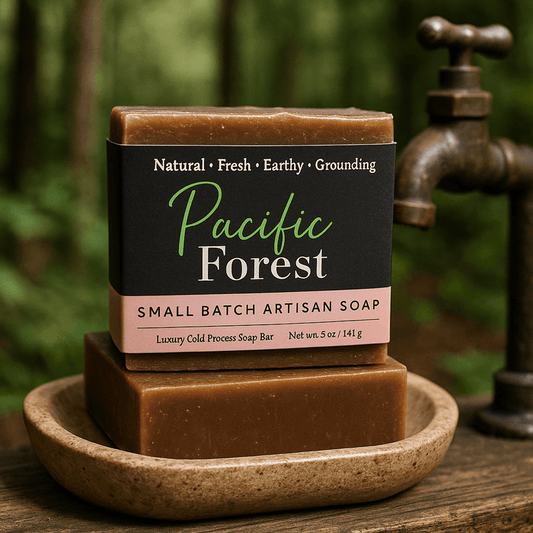 Pacific Forest Soap Bar - Soap Boutique displayed in a wooden bowl, showcasing its natural, earthy packaging.