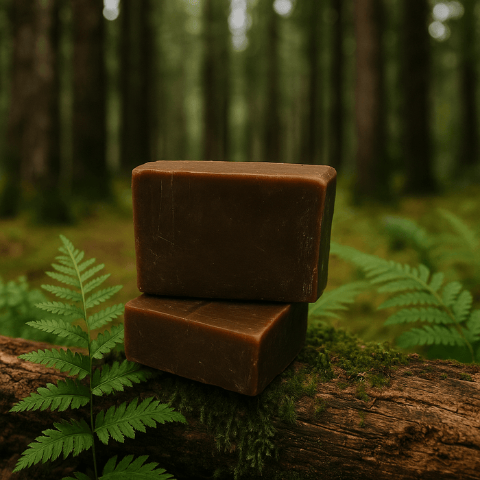 Pacific Forest Soap Bar - Soap Boutique resting on a log surrounded by ferns in a serene forest setting.
