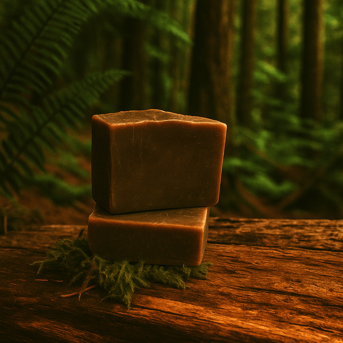 Pacific Forest Soap Bar - Soap Boutique stacked on a moss-covered log in a serene forest setting.