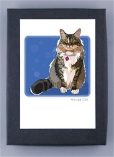 PAPER RUSSELLS - HOUSE CAT BOX NOTES features an eco-friendly note card with a fluffy, long-haired cat sporting a striped tail and pink tag against a blue background, with "HOUSE CAT" at the bottom.