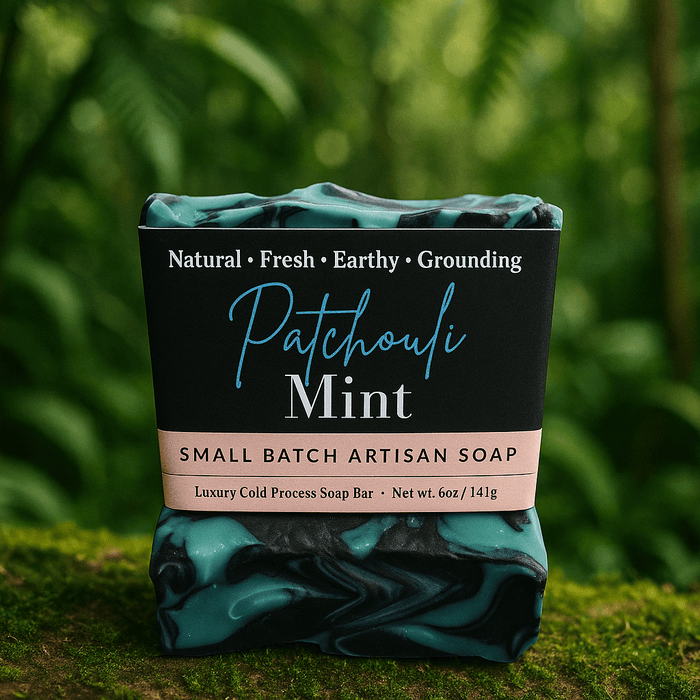 Patchouli Mint Soap Bar - Soap Boutique, handcrafted, small batch artisan soap with earthy colors against a natural background.
