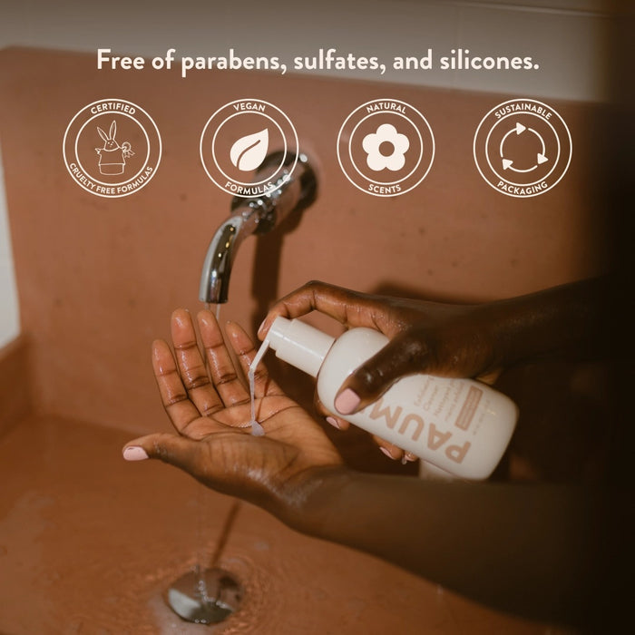 A bottle of PAUME - EXFOLITAING HAND SOAP, a moisturizing hand wash with pump, is displayed against a light beige background. The label shows tan and peach text with the product name and description.