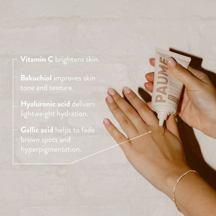 PAUME - RENEWING HAND SERUM by PAUME features beige and light brown text on a neutral background. This minimalist vitamin C serum targets hand hyperpigmentation and supports youthful-looking skin, with labels in English and French.