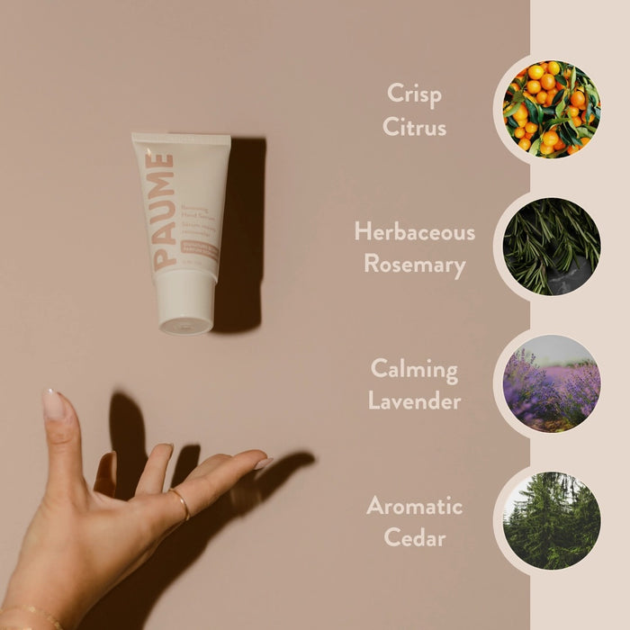 PAUME - RENEWING HAND SERUM by PAUME features beige and light brown text on a neutral background. This minimalist vitamin C serum targets hand hyperpigmentation and supports youthful-looking skin, with labels in English and French.