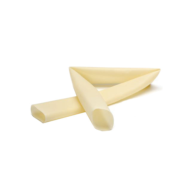Two pale yellow, tubular objects are lying crossed on a white background. They appear to be flexible and possibly made of a soft material.