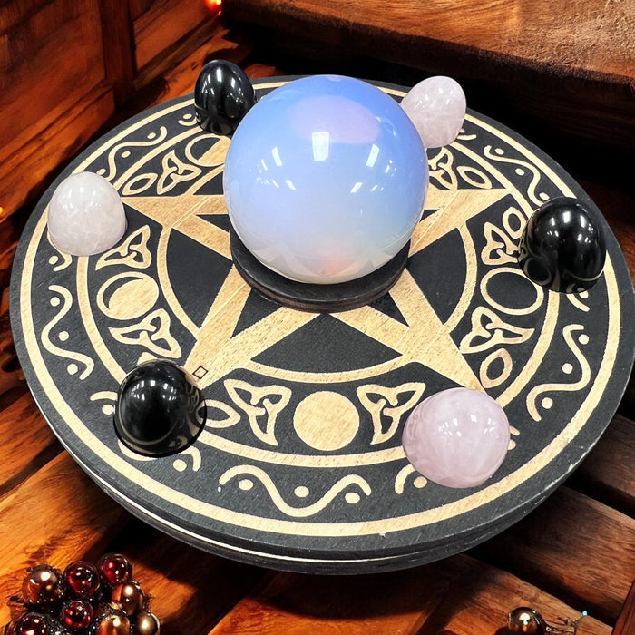 Wooden crystal grid with pentacle and filigree design, 6 small and 1 large hole for crystals – Raven’s Cauldron, 6 N Sandusky St, Delaware, OH 43015