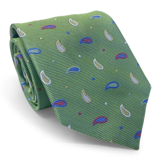 The BIRD DOG BAY PETER-BLAIR Bespoke Paisley Soiree Silk Tie in green features a small paisley pattern in blue, white, and red with colorful dots, handmade and shown rolled up on a white background.