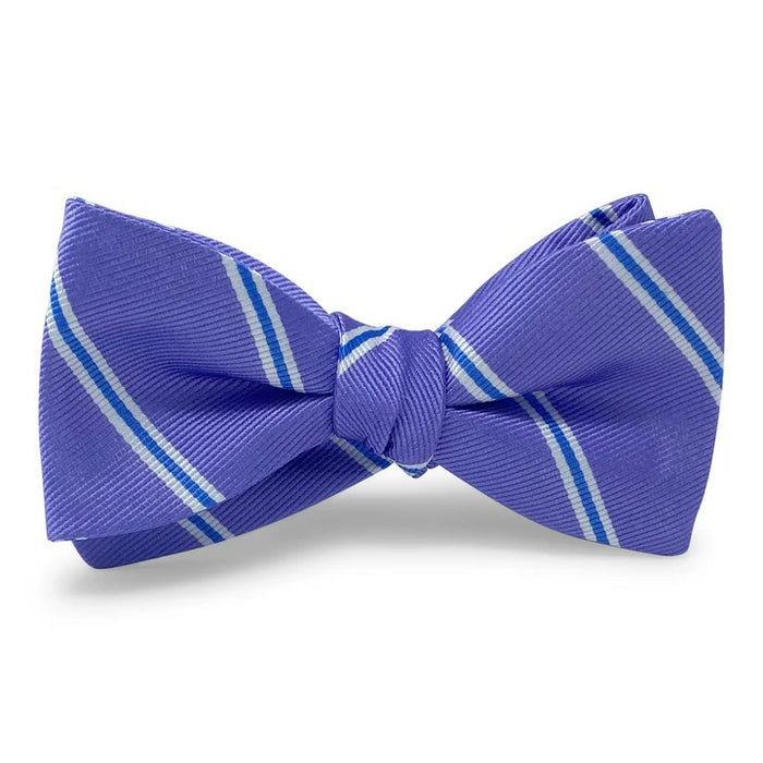 The BIRD DOG BAY PETER-BLAIR McFerrin Silk Bow Tie in violet features diagonal white and light blue stripes on textured silk and comes with adjustable neck sizing.