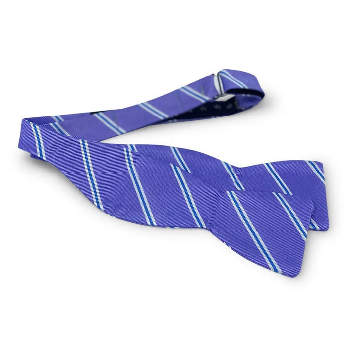 The BIRD DOG BAY PETER-BLAIR McFerrin Silk Bow Tie in violet features diagonal white and light blue stripes on textured silk and comes with adjustable neck sizing.