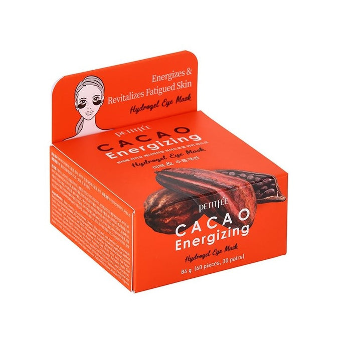 PETITFEE Cacao Energizing Hydrogel Eye Mask refreshes and revitalizes tired under-eyes with a nourishing blend of Cacao Extract and Niacinamide. The hydrogel texture delivers cooling hydration, helping to reduce puffiness and brighten dull skin. Infused with Shea Butter, Cocoa Seed Butter, and botanical extracts like Green Tea, Houttuynia Cordata, and Citrus Junos, it deeply moisturizes while promoting a smoother, firmer look. These patches leave the delicate eye area feeling soft, energized, an