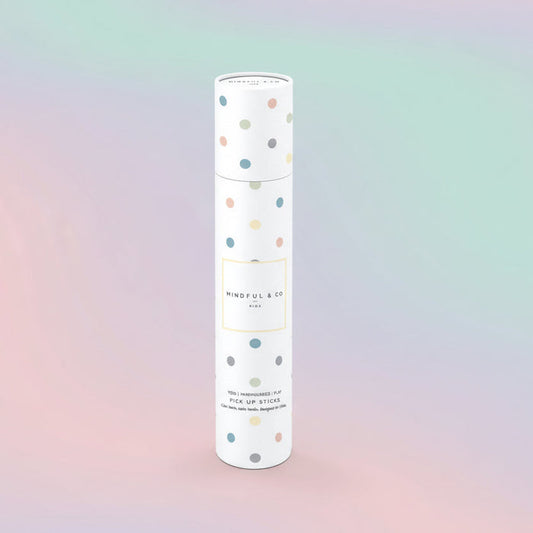 Colorful packaging of Pick Up Sticks game by Mindful & Co, enhancing family playtime and mindfulness.