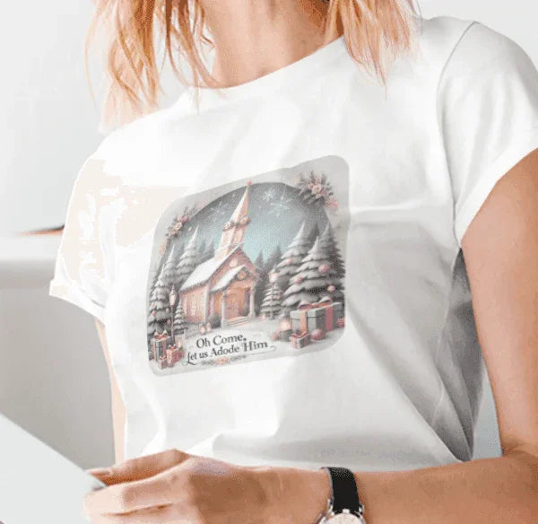 💖⛪ Pink Church - Oh Come, Let Us Adore Him ❄️🎁 - Women's Softstyle Tee - Whippie's