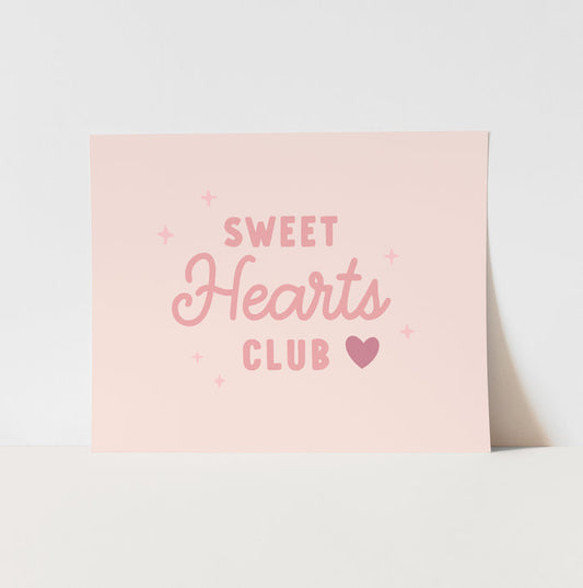 Poster with 'Sweet Hearts Club' text on a light pink background
