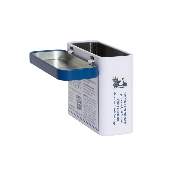 A rectangular, refillable tin labeled "PIPER LOOP PETS - LIL BISCUIT TRAINING BRIBES, CHEWY CHICKEN & APPLE," with a dog in a green sweater—chewy USA-sourced dog treats. Shake the tin, they come running!.
