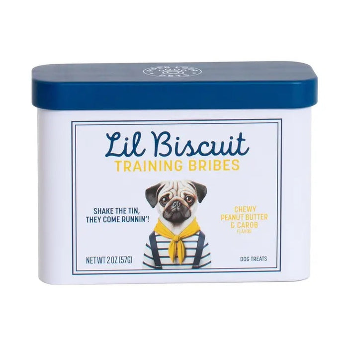 The rectangular, refillable Piper Loop Pets tin labeled “Lil Biscuit Training Bribes” features a pug illustration and holds chewy peanut butter & carob dog treats made from USA-sourced ingredients.