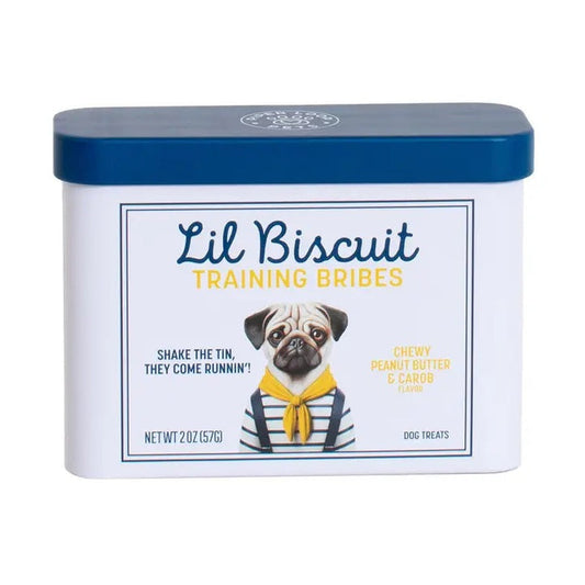 The rectangular, refillable Piper Loop Pets tin labeled “Lil Biscuit Training Bribes” features a pug illustration and holds chewy peanut butter & carob dog treats made from USA-sourced ingredients.