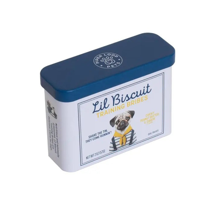 The rectangular, refillable Piper Loop Pets tin labeled “Lil Biscuit Training Bribes” features a pug illustration and holds chewy peanut butter & carob dog treats made from USA-sourced ingredients.