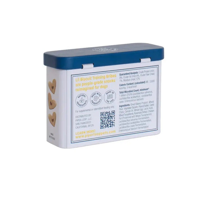 The rectangular, refillable Piper Loop Pets tin labeled “Lil Biscuit Training Bribes” features a pug illustration and holds chewy peanut butter & carob dog treats made from USA-sourced ingredients.