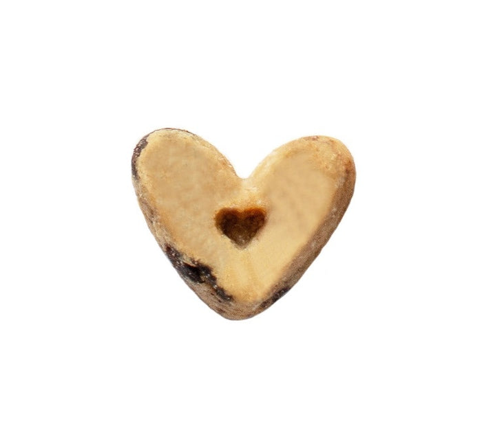A rectangular, refillable tin from PIPER LOOP PETS, with a blue lid and white body, displays heart-shaped Lil Biscuit Training Bribes (Chewy Peanut Butter & Carob) on the side and product info on the back.