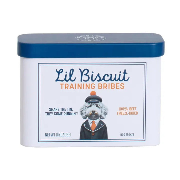 The rectangular PIPER LOOP PETS Lil Biscuit Training Bribes tin features a suited dog illustration and contains 100% freeze-dried beef treats—ideal as high-value bribes for recall or daily training with your pup.