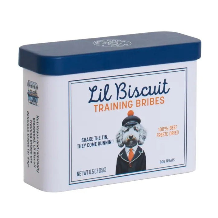 The rectangular PIPER LOOP PETS Lil Biscuit Training Bribes tin features a suited dog illustration and contains 100% freeze-dried beef treats—ideal as high-value bribes for recall or daily training with your pup.