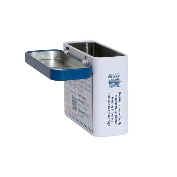 The rectangular PIPER LOOP PETS Lil Biscuit Training Bribes tin features a suited dog illustration and contains 100% freeze-dried beef treats—ideal as high-value bribes for recall or daily training with your pup.