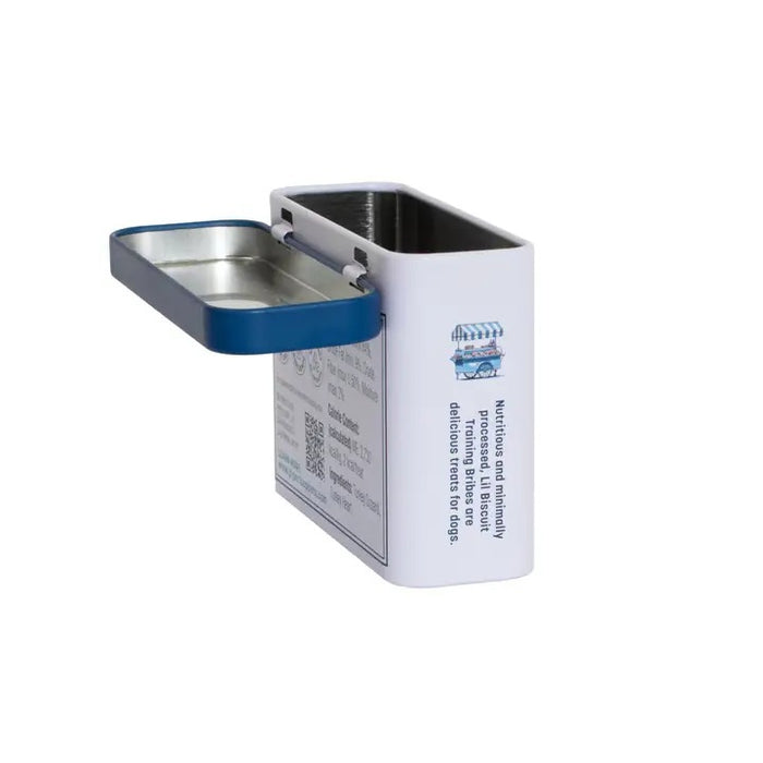 A rectangular tin with a blue lid labeled “PIPER LOOP PETS - LIL BISCUIT TRAINING BRIBES, FREEZE-DRIED TURKEY” features a puppy photo and contains 100% turkey, protein-rich treats for training and emergency recall.