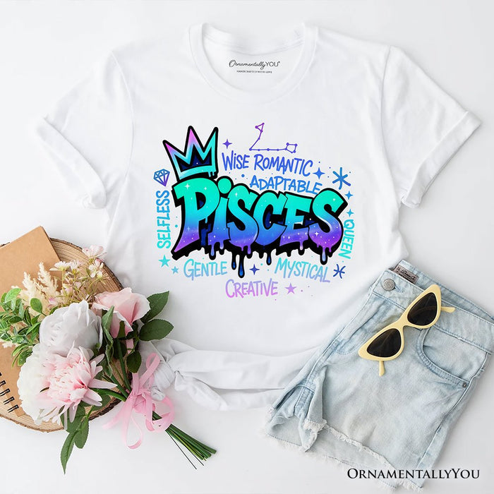 Pisces Graffiti Zodiac T-Shirt, Street Style Astrology Horoscope Tee T-Shirts OrnamentallyYou White XS