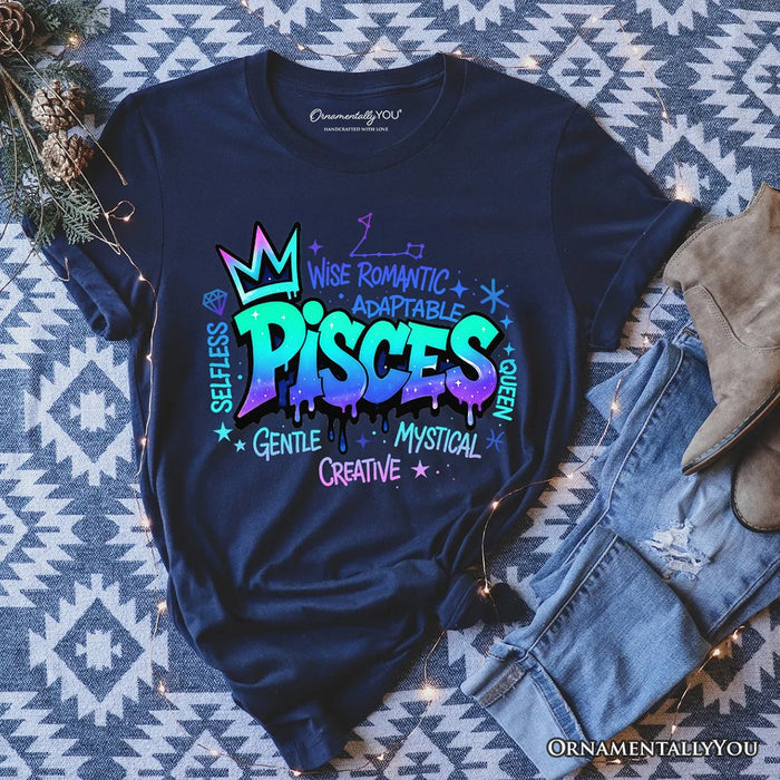 Pisces Graffiti Zodiac T-Shirt, Street Style Astrology Horoscope Tee T-Shirts OrnamentallyYou Navy XS