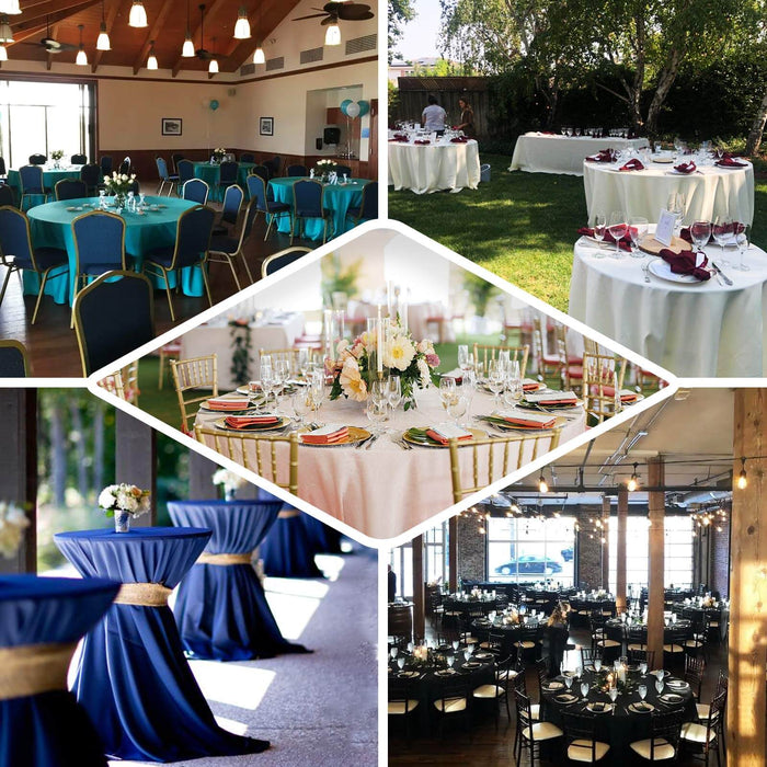 Elegant event setups with varied table settings and decorations.
