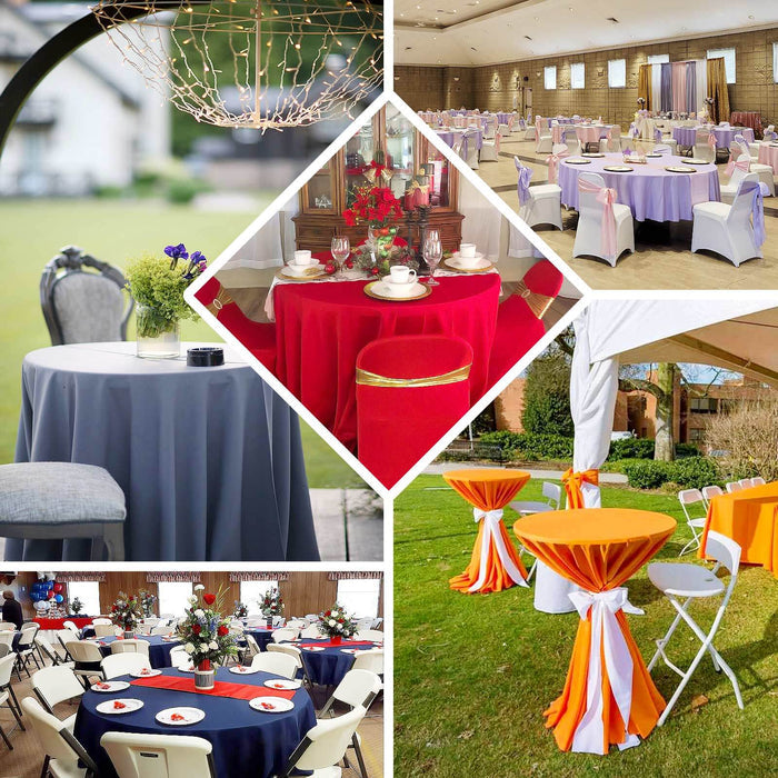 Collage of various table setups for events featuring different tablecloths and decorations.