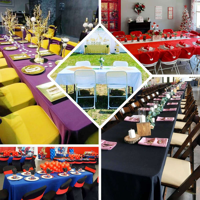 Elegant dining setups featuring various table arrangements for events.