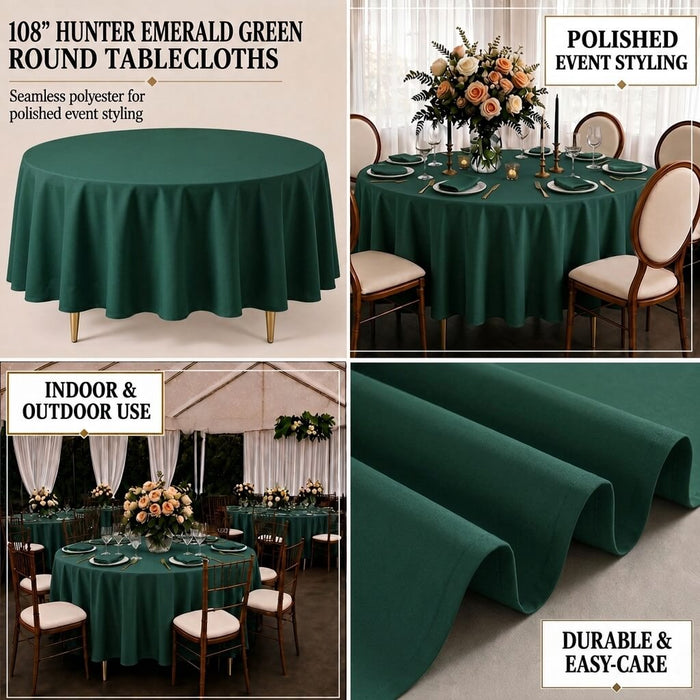 108" hunter emerald green round tablecloth, durable and stain-resistant for easy maintenance.