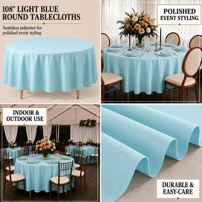 Light blue round tablecloth, 108 inches, durable and stain-resistant for easy maintenance.