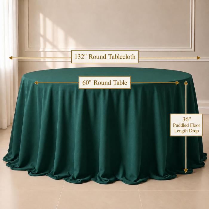 A dark green round tablecloth draped over a round table in a room setting, with overlaid dimension labels showing 132 inches for the round tablecloth, 60 inches for the round table, and 36 inches for the puddled floor length drop.