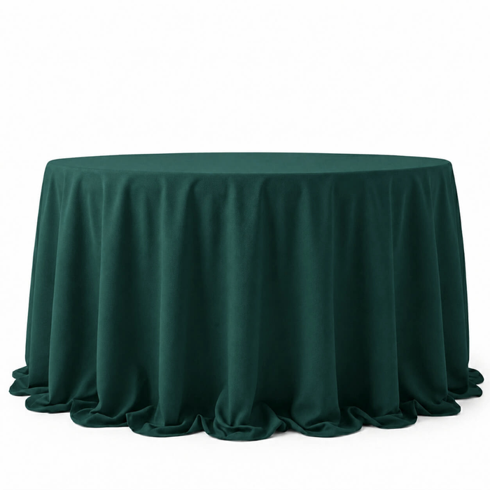 132" dark green round tablecloth draped over a circular table, shown against a plain white background.