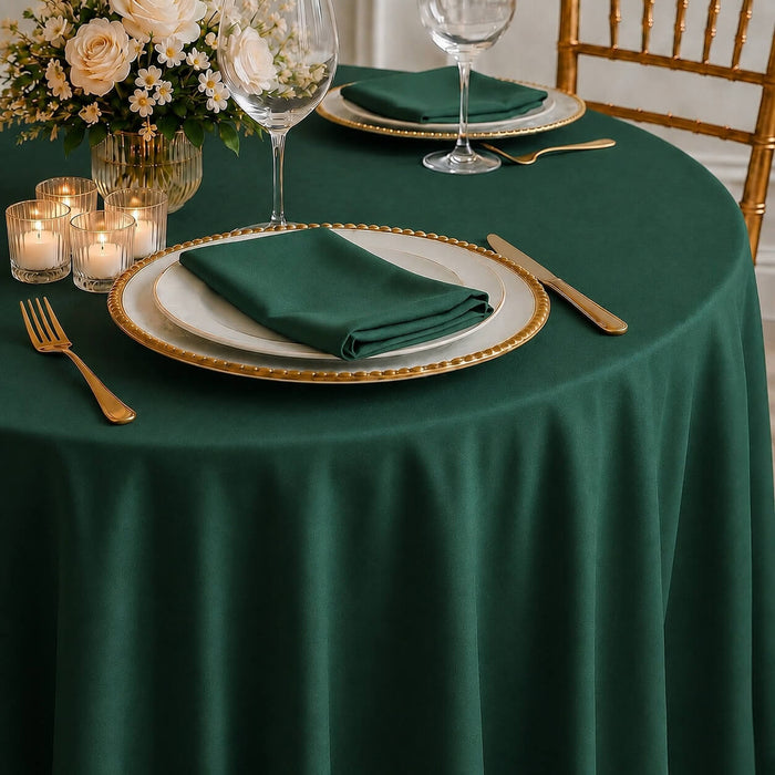 Hunter Emerald Green Round Tablecloth on a dining table.