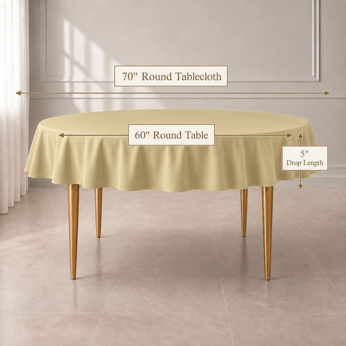 Champagne round tablecloth with linen texture on a round table.
