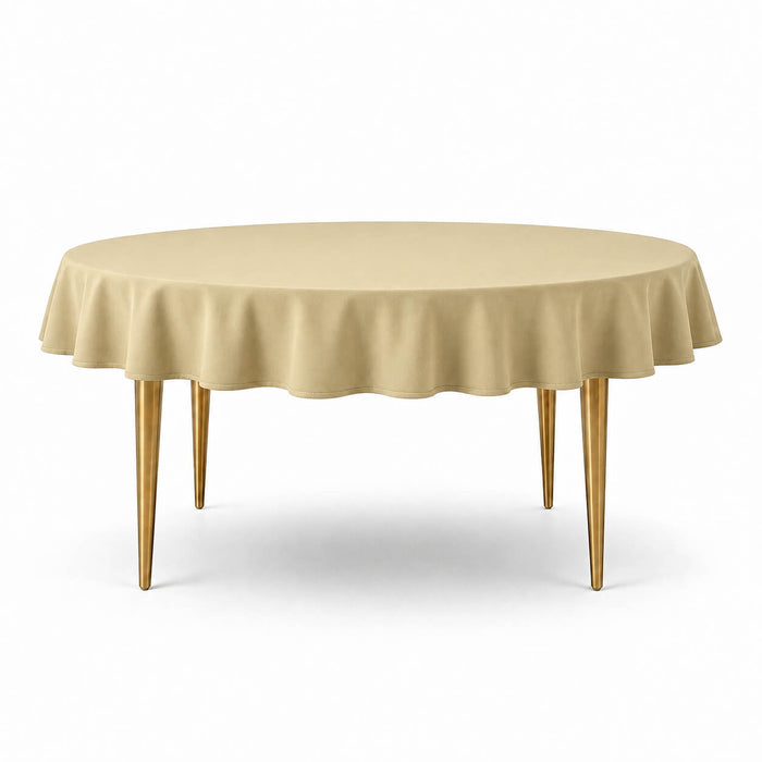 Champagne round tablecloth with a linen texture on a round table.