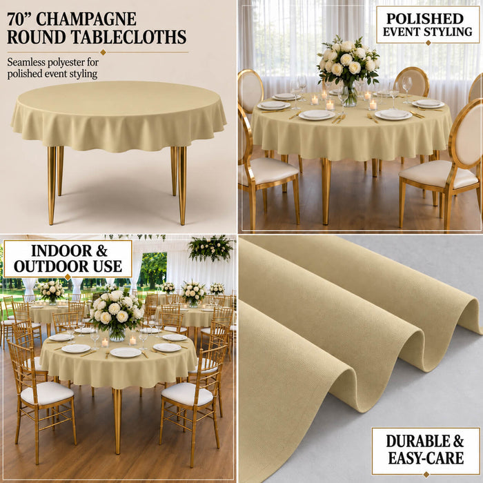 Champagne round tablecloth 70" with linen texture for elegant events.