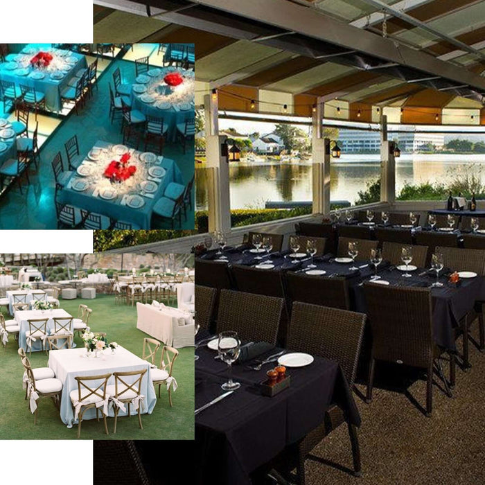 Elegant dining setup with tables, chairs, and centerpieces by a scenic water view.