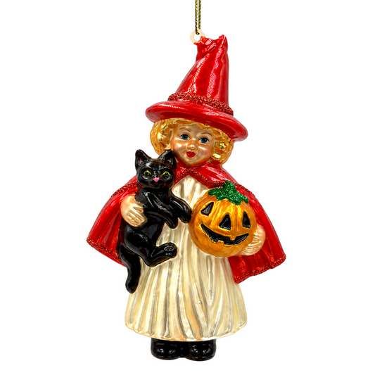(PRE-ORDER) Vintage Witch Girl with Black Cat Glass Ornament, Jack O Lantern Halloween Tree Decor