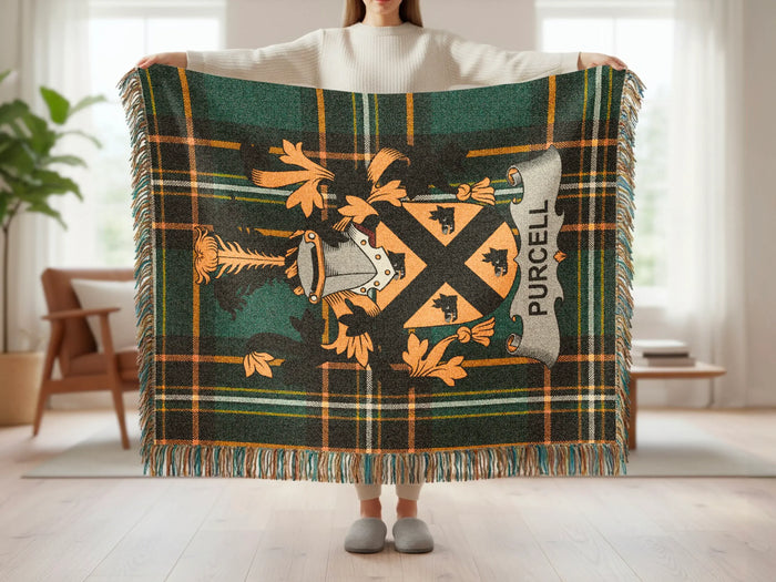 Purcell family crest tartan woven blanket shown at full scale.