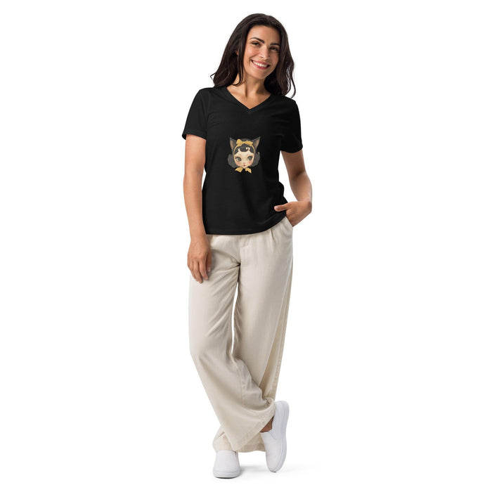 Purr-fectly Spooky - Cute Girl with Cat Ears V-neck Tee - Whippie's