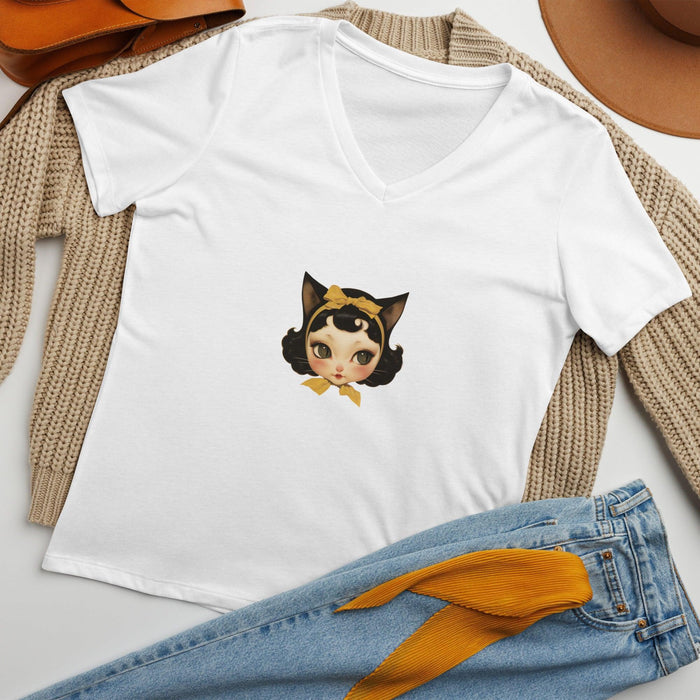Purr-fectly Spooky - Cute Girl with Cat Ears V-neck Tee - Whippie's