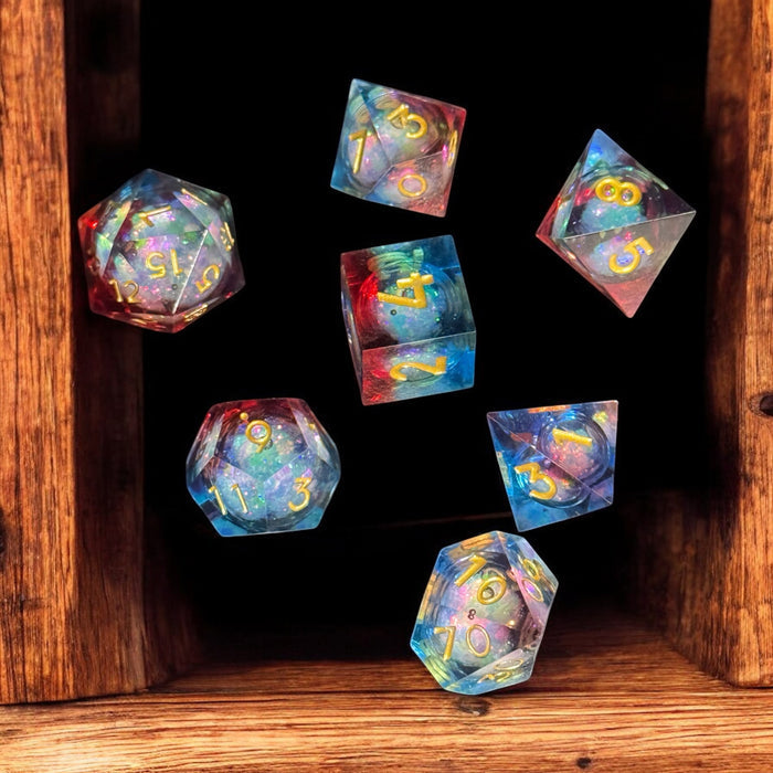 Red & Blue Cosmos Liquid Core Dice Set – 7-Piece Glitter-Filled Polyhedral Dice for Dungeons & Dragons & TTRPGs