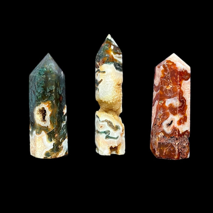 Red Moss Agate Tower 3–5 inches with green, red, and white patterns - Raven's Cauldron 6 N Sandusky St. Delaware, OH 43015