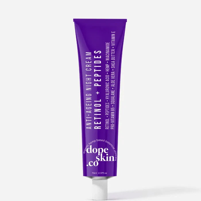 Purple tube of Dope Skin Co. anti-aging night cream on a white background