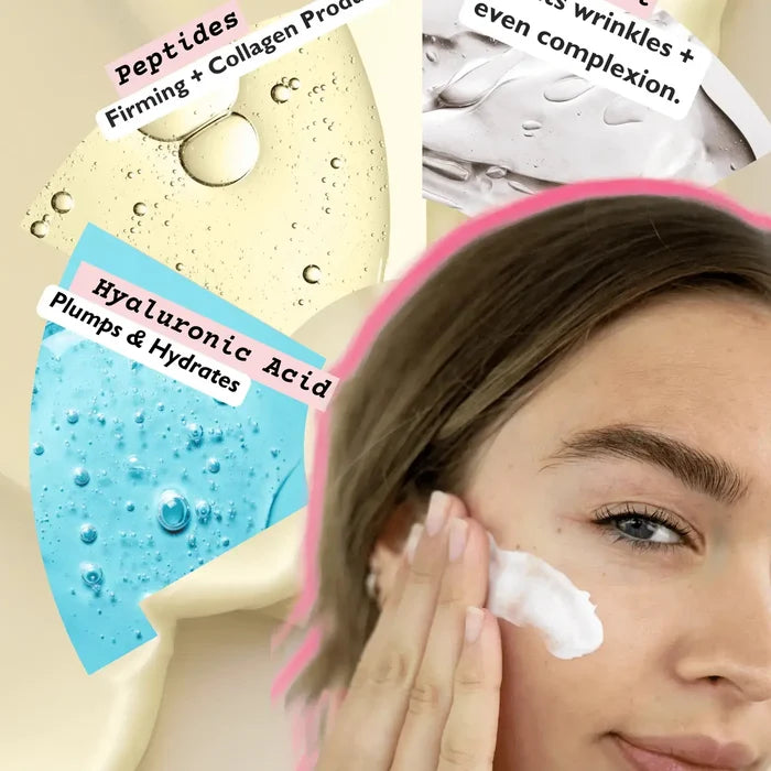 Woman applying cream to her face with skincare product images and text overlay on a beige background.