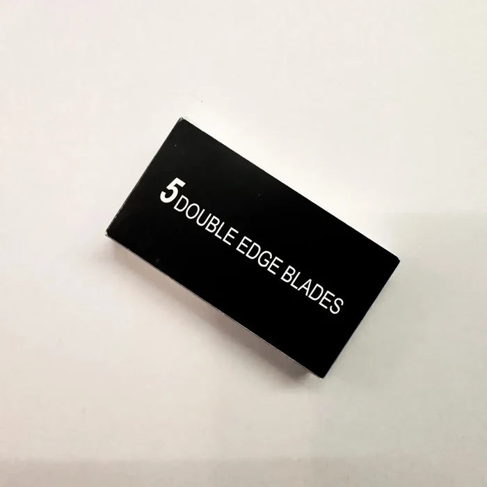 Black box with '5 Double Edge Blades' text on a light beige background